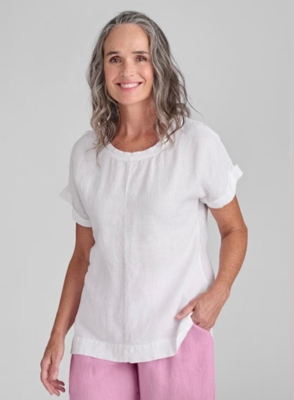 FLAX Coastal Lightweight Boxy Relaxed Neutral Basic Rolled Short Sleeve Top -Med